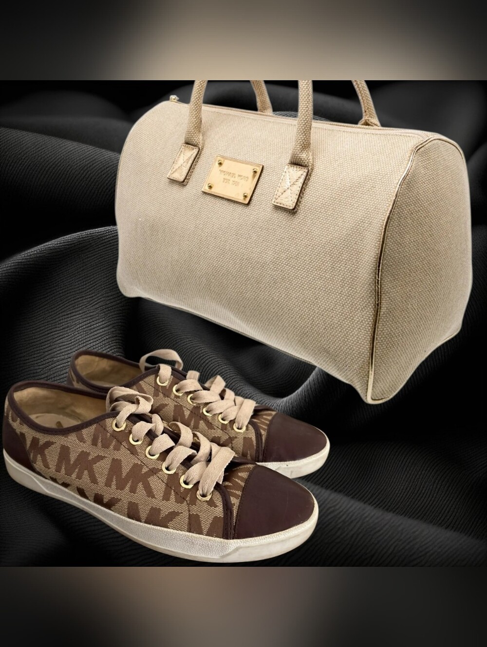 Michael Kors Beige Canvas Satchel and Brown MK Logo Sneakers